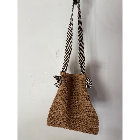 Handbags - Woven Straw Tote Bag Tan Brown Striped Knotted Strap Boho Beach Shoulder Bag